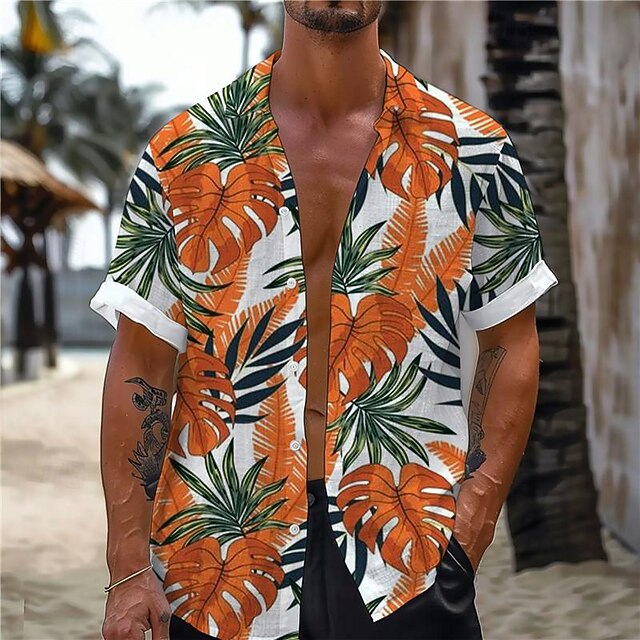 Men's Leaf Tropical Tropical Plants Shirt Summer Hawaiian Shirt Aloha Shirt Short Sleeve Shirt Turndown Vacation Hawaiian Resort Style Outdoor Vacation Beach Blue Fuchsia Orange S M L 8