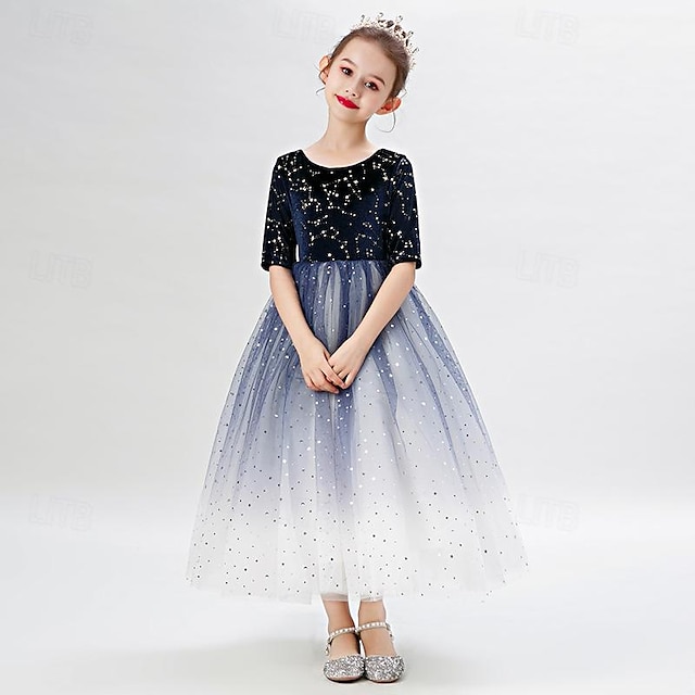  Kids Girls' Party Dress Galaxy Long Sleeve Formal Performance Anniversary Fashion Adorable Princess Cotton Flower Girl's Dress Summer Spring Fall 2-13 Years Black short style Navy V-neck mid-sleeve