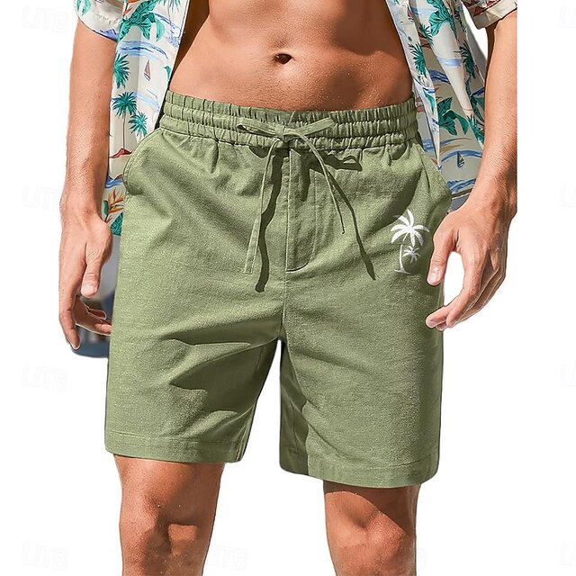  Coconut Tree Men's Cotton Linen Shorts Summer Hawaiian Shorts Beach Shorts Print Drawstring Elastic Waist Breathable Soft 10% Linen Shorts Casual Daily Holiday Streetwear