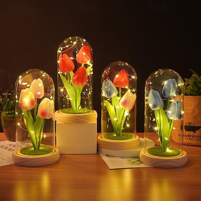  Tulip Glass Cover Creative Night Light for Home Bedroom Decor Mother's Day Valentine's Day Best Gift Battery Power Birthday Gift for Friends