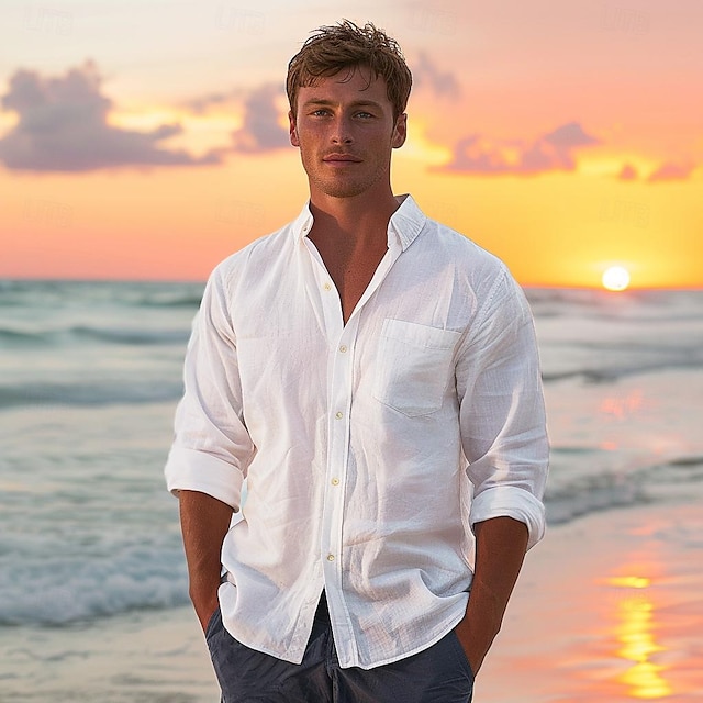  Homens Camisa Social camisa de linho camisa de botão camisa de praia Branco Manga Longa Tecido Lapela Primavera & Outono Diário Férias Roupa
