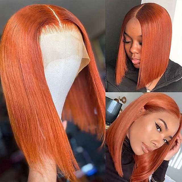  Kurze gerade Bob-Perücke in Ingwer, 13 x 4, Spitze vorne, freier Teil, brasilianisches Haar, gerade, orangefarbene Perücke, 150 % Dichte