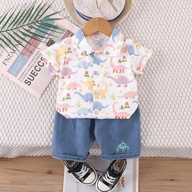  2 Stück Baby Jungen T-Shirt & Shorts Outfit Graphic Kurzarm Set Outdoor Modisch Sommer Frühling 1-3 Jahre alt Weiß Marineblau Grün