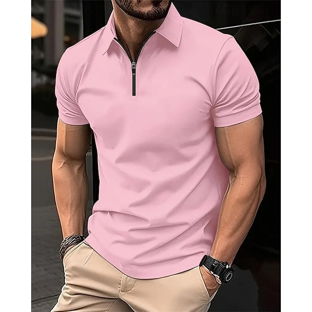  Men's Quarter Zip Polo Golf Shirt Daily Holiday Quarter Zip Short Sleeve Fashion Basic Plain Spring & Summer Regular Fit Black Pink Navy Blue Light Grey Quarter Zip Polo