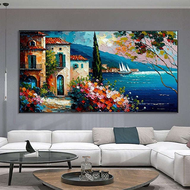  ručně malovaná středomořská krajina olejomalba na plátně impresionistická středomořsko-mořská malba plátno s texturou pobřežní malba nástěnná malba do ložnice dekorace obývacího pokoje