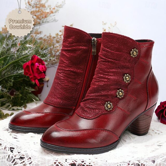 Women's Vintage Red Leather Ankle Boots – Premium Cowhide with Floral Button Accents and Chunky Heel for Retro Style and Everyday Wear 26