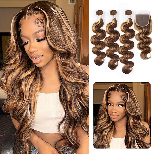  P4/27 Highlight Body Wave 3/4 Human Hair Bundles With 4x4 HD Lace Closure Pre-Plucked Brazilian Remy Hair Extention