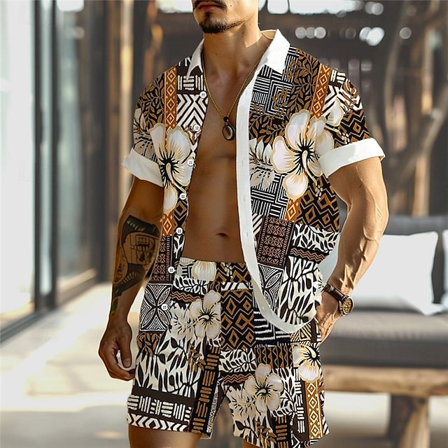 Per uomo Floreale Motivo Geometrico Etnico 2 pezzi Set di camicie Camicia hawaiana estiva Manica Corta Pantaloni corti Collo ripiegato Vacanza Hawaiano All'aperto Camicia hawaiana Ferie Bottoni Tasca
