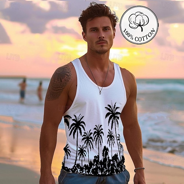  Men's Graphic Tank Top Casual Vest Top Coconut Tree Fashion Hawaiian Undershirt Street Daily Beach T shirt White Blue Short Sleeve Crew Neck Shirt Spring & Summer Clothing Apparel