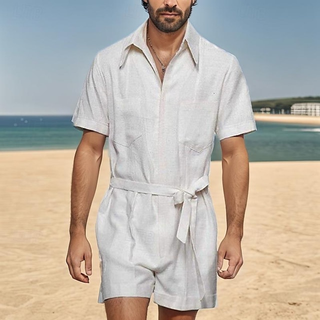  Homens Shorts de linho Shorts de verão Macacão Bolsos Com cinto Tecido Conforto Curto Esportes Diário Feriado Moda Designer Branco Azul
