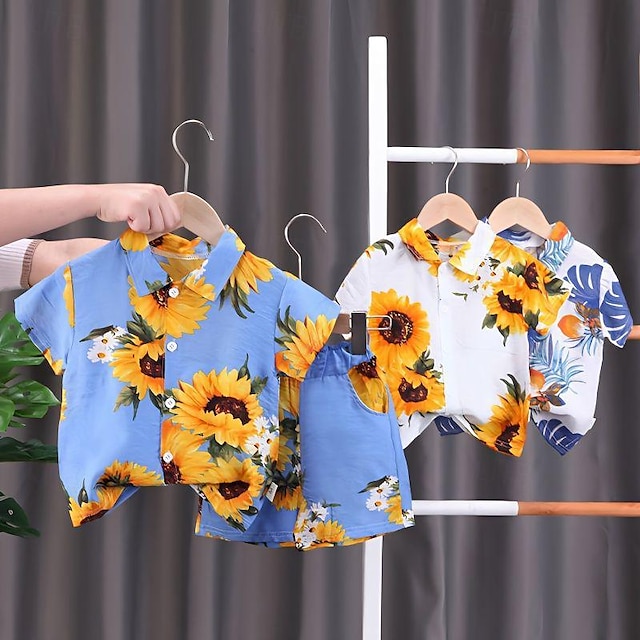  Boys Short Sleeved Floral Shirt, Children's Summer Beach Shirt, Shorts Two-Piece Set, Trendy Baby Clothes