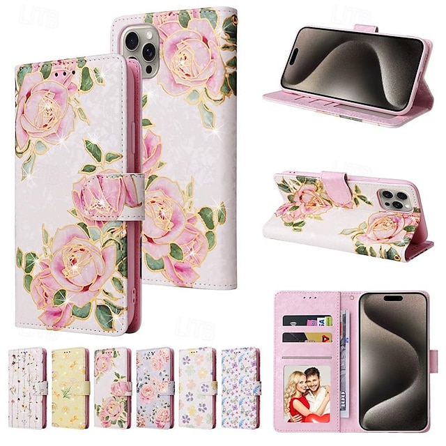  téléphone Coque Pour iPhone 15 Pro Max iPhone 14 13 12 11 Pro Max Mini SE X XR XS Max 8 7 Plus Portefeuille Protection complète du corps avec dragonne Béquille Fleur Florale TPU faux cuir