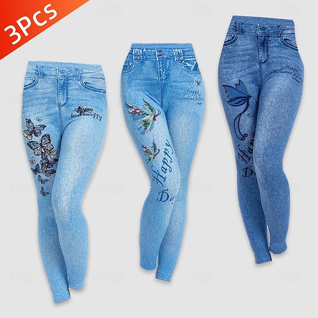  Multi Packs 3pcs Women's Blue Slim Pants Trousers Leggings Pocket Print Butterfly Street Causal Polyester Summer