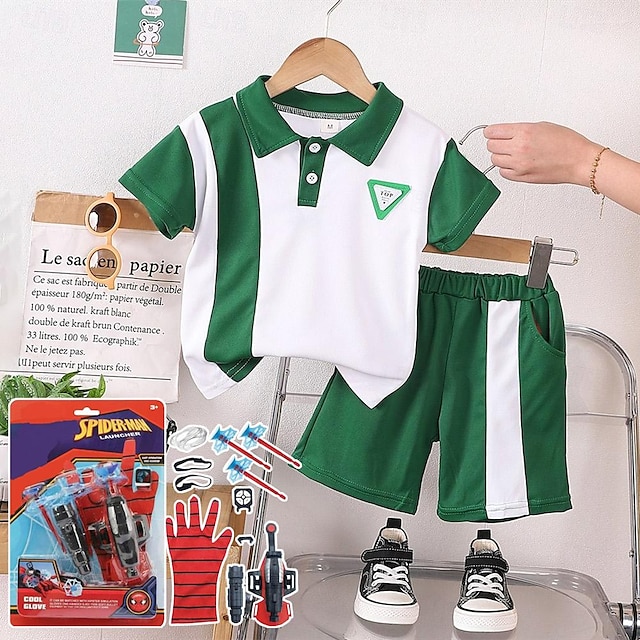  Jungen-Set, trendiges 0–5-jähriges Kinder-Kurzarm-Poloshirt, lässige Sommerkleidung für Kleinkinder, mit Launcher-Kinderspielzeug