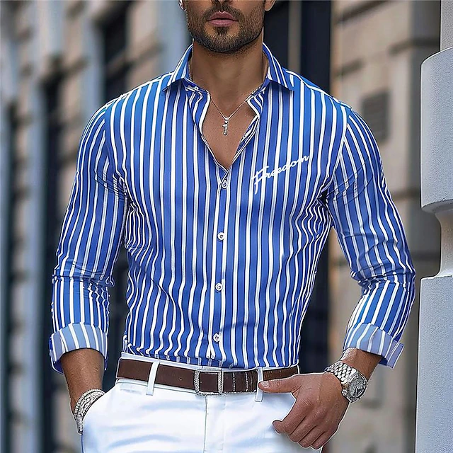 Men's Stripe Geometric Pattern Printed Shirts Long Sleeve Business ...