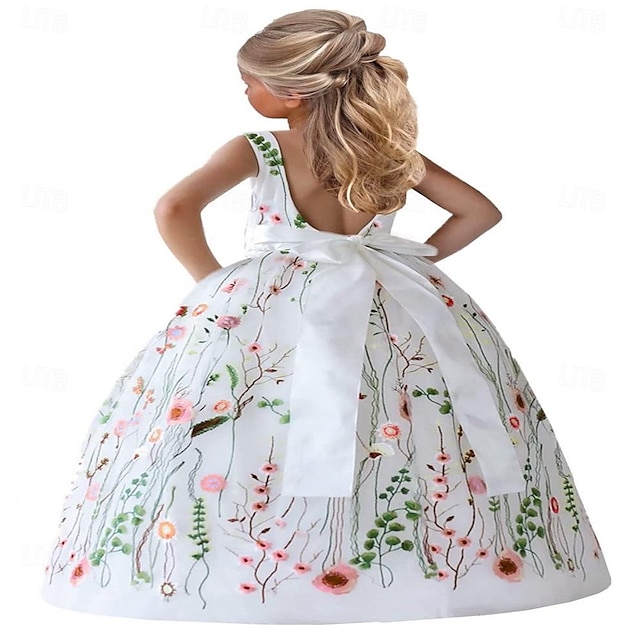  Wildflower Floral Embroidered Overlay Tulle A-Line Fit Flare V Neckline Back Bow Flower Girl Dress
