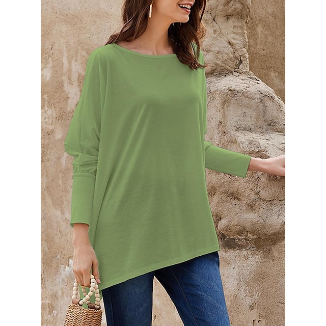  T Shirt Damen Weiß Grün Solide / einfarbig Patchwork Unregelmäßiger Saum Strasse Verabredung Täglich Klassisch Rundhalsausschnitt Regular Fit S