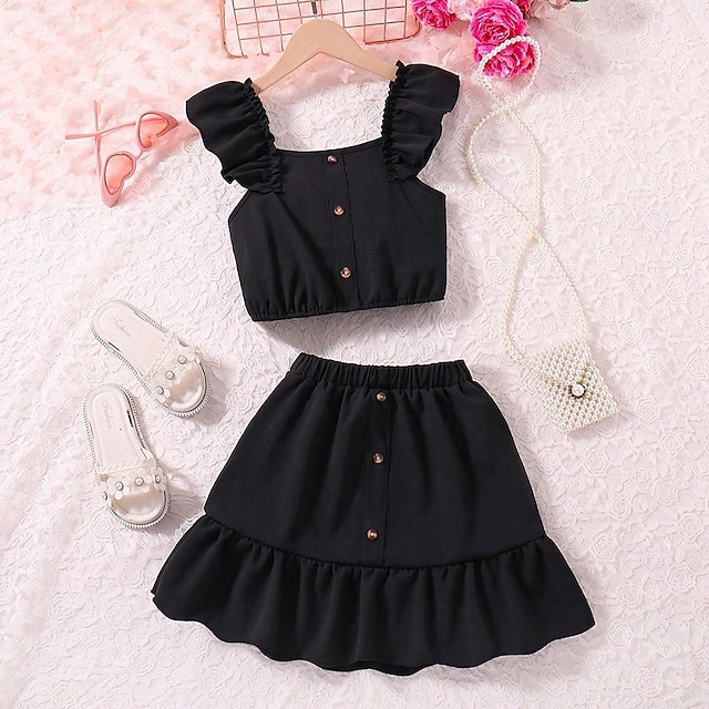  2 Pieces Kids Girls' Solid Color Dress Suits Set Sleeveless Fashion School 7-13 Years Summer Black White Pink