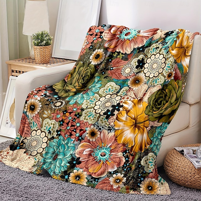  1pc coperta bohémien con stampa floreale coperta di flanella morbida coperta calda per il pisolino per divano divano letto da ufficio campeggio viaggio coperta multiuso regalo per tutte le stagioni