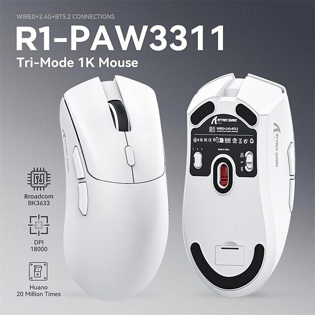  attack shark r1 18000dpi עכבר אלחוטי 1000hz tri-mode חיבור paw3311macro עכבר גיימינג