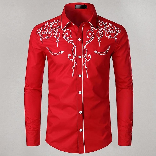  Per uomo Camicia da cowboy Camicia occidentale Nero Bianco Rosso Manica lunga Floreale Colletto Per eventi Campeggio e hiking Abbigliamento