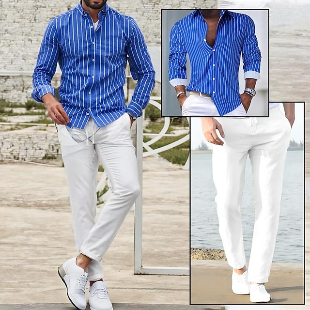  Men's Matching Sets Blue Shirt Button Up Shirt Casual Shirt Trousers Casual Pants Sets Long Sleeve Lapel Casual Daily Streetwear Stripes 2 Piece Polyester Spring &  Fall