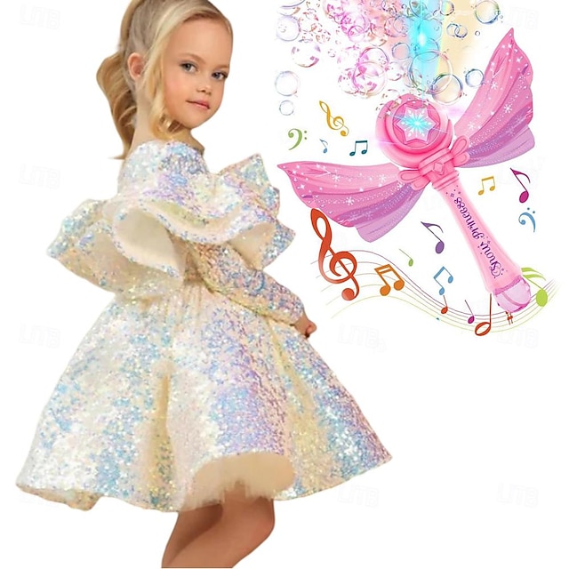  Kids Girls' Dress W/Electric Bubble  Machine，Toddler Girls' Party Dress Sequin Long Sleeve Performance Mesh Cute Princess Dress Tulle Dress Summer Spring Fall 3-7 Years White Wine Sky Blue