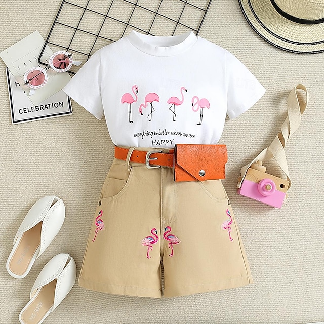  3 Pieces Toddler Girls' Animal Crewneck Shirt & Shorts Set Short Sleeve Fashion Outdoor Cotton 3-7 Years Summer White