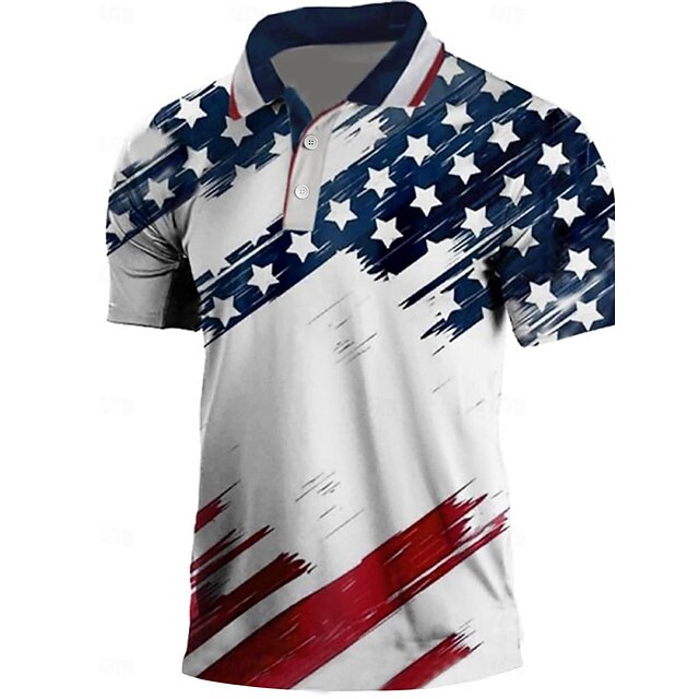  ouku Herren-Poloshirts mit amerikanischer Flagge und Veteranen-Motiv, Golfhemd, kurzärmelige Poloshirts mit Kragen, lässige Streetwear, Urlaubskleidung, Party-Outfits, Knöpfe, 3D-Druck, Weiß & Blau, Schwarz, Weiß