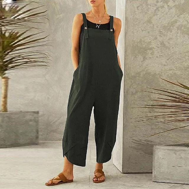 Women's Normal Overall Dungarees Holiday Solid Color Sleeveless Sleeveless Straight Square Neck Pocket Vacation Dailywear Loose Fit Black Army Green Red Spring 9
