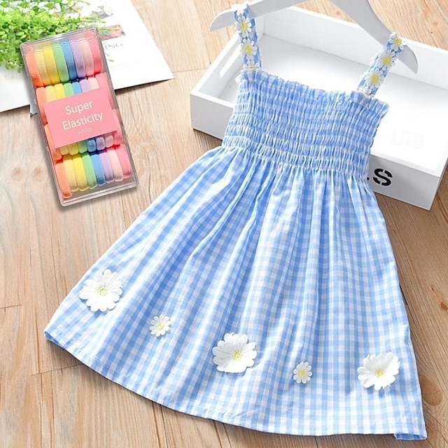  Kids Girls' Dress Plaid Flower Sleeveless School Outdoor Ruched Adorable Sweet Cotton Summer Dress Summer Spring 3-6 Y Blue daisy Red daisy With Children's Colored Hair Loop