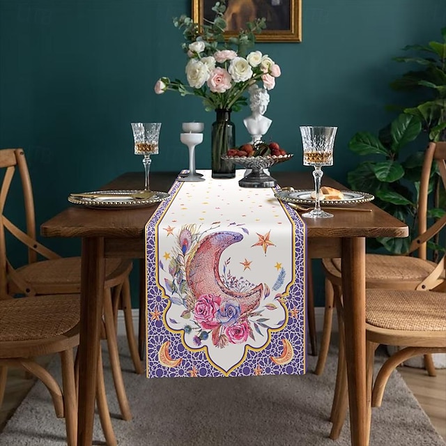  Tischläufer mit Ramadan-Muster, Feiertags-Tischläufer, saisonale Bauernhaus-Sackleinen-Tischdecke für Hochzeit, Jahrestag, Zuhause, Küche, Esstisch, Party-Dekoration