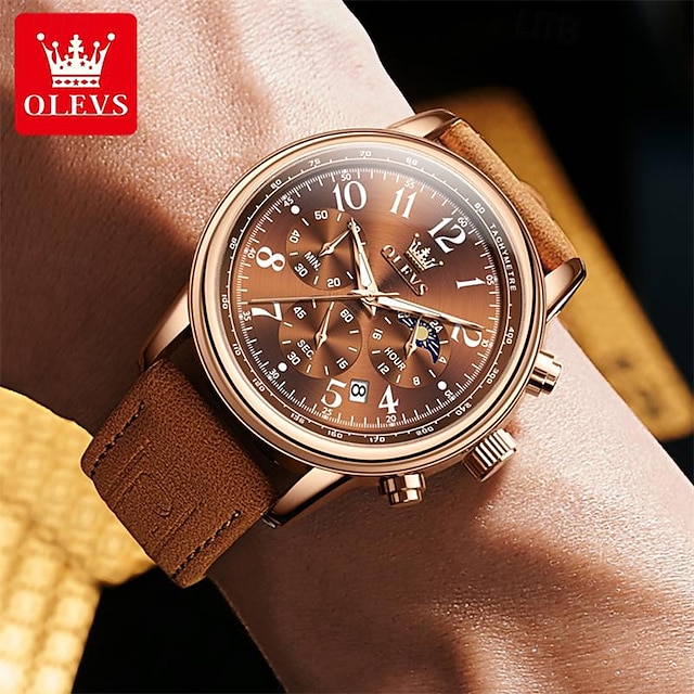  nové pánské hodinky značky olevs měsíční fázový chronograf 24hodinové multifunkční quartz hodinky voděodolný pásek pánské sportovní hodinky