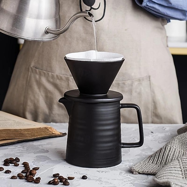  مجموعة واحدة من وعاء مشاركة القهوة الأمريكية v60 بالتنقيط اليدوي من السيراميك الأسود، مجموعة أكواب الفلتر المنزلية، لتخمير القهوة والشاي وضرب الحليب النقي، سهلة الاستخدام، مستلزمات المطبخ