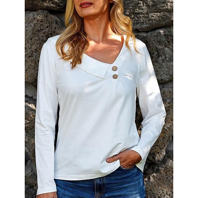  女性用 Tシャツ コットン 平織り ボタン カジュアル 日常 週末 ファッション ベーシック 長袖 Ｖネック ホワイト 夏 春