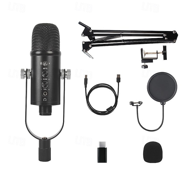  kit microfono a condensatore cardioide da studio professionale per podcast in streaming USB, con braccio per la registrazione