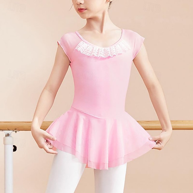  Tanzkleidung für Kinder Ballett Kleid Rüschen Pure Farbe Farbaufsatz Mädchen Leistung Ausbildung Kurzarm Hoch Baumwollmischung
