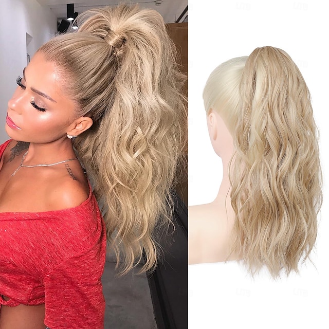 Blonde Ponytail Extension Smooth Tangle-Resistant Beach Waves Wrap Around Pony Tail Hair Extensions Natural Soft Clip in Hair Extensions Ponytail Synthetic Fake Hairpiece
