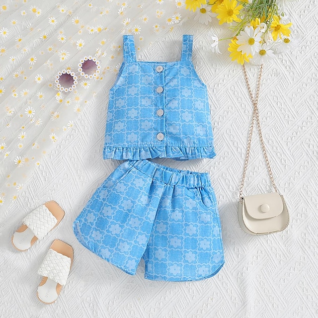  2 Pieces Toddler Girls' Children's Day Plaid Halter Tank Top & Shorts Set Set Sleeveless Fashion Outdoor Cotton 3-7 Years Summer Blue