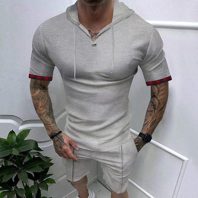  男性用 Tシャツ Tシャツスーツ ティートップ 平織り フード付き ストリート バケーション 半袖 2個 衣類 ファッション デザイナー ベーシック
