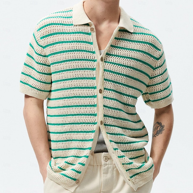  Hombre Polo Camiseta de golf Calle Casual Diseño Manga Corta Moda Tiras verticales Botón frontal Verano Verde Polo