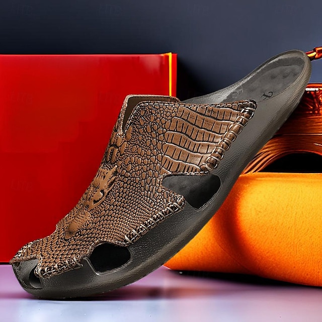  Bărbați Sandale Papuci Sandale plate Piele Respirabil Comfortabil Anti-Alunecare Dantelat Roșu Vin Negru Maro