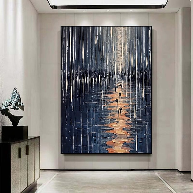  håndmaling abstrakt regnfull nattlandskap oljemaleri på lerret store regnvannsdråper maleri abstrakt regnfull bylandskap maleri hjemmeinnredning (uten ramme)