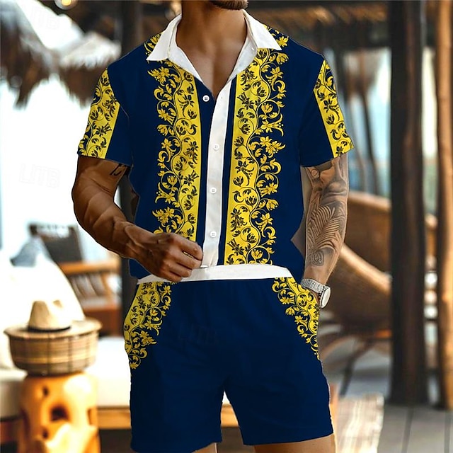  Мужской курортный комплект из гавайской рубашки и шорт в стиле барокко с 3D принтом, пляжные рубашки с короткими рукавами стандартной посадки, повседневная одежда для летних каникул, от s до 3xl