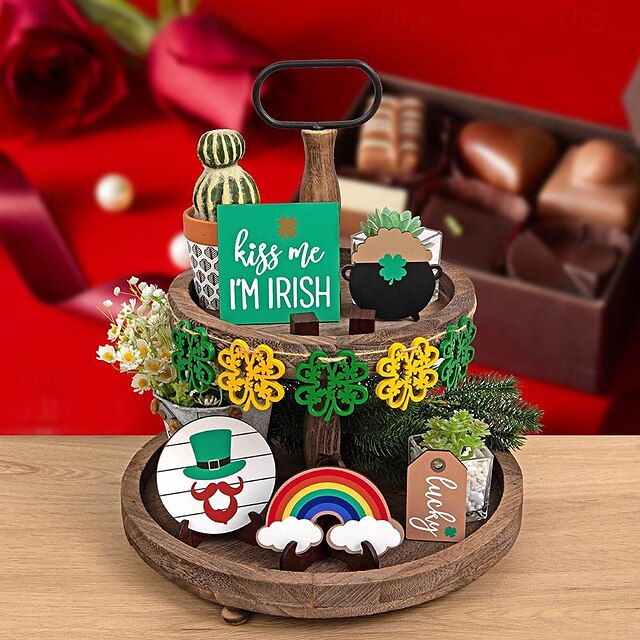  St. Patrick's Day Lucky Clover Decoration - Wooden Tiered Tray Decor for Bedroom Desktop, Featuring Yellow and Green Shamrock Accents