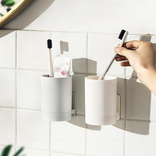  1pc Traceless Paste Cup Shelf Wall-mounted Toothbrush Cup Holder Toilet Gargle Cup Storage Rack Punch-Free Washing Cup Organizer Caddy