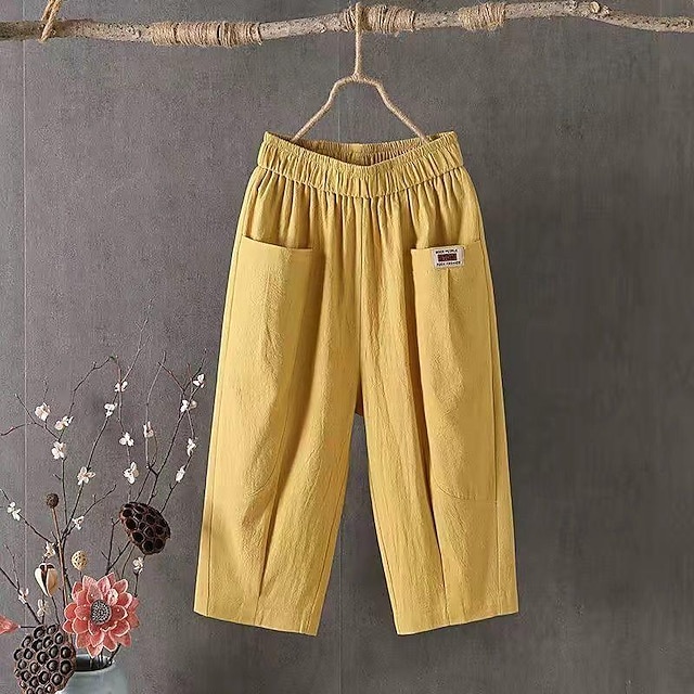  Mujer Pantalones de lino y algodón Pantalones Casual / Diario Medio corto Plano Bolsillo Transpirabilidad Cómodo Rígido Noche Fin de semana Negro Blanco Amarillo Azul Primavera verano Ajuste regular