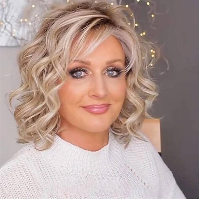  Mid Length Natural Bob Curly Wig Natural Looking Synthetic Wigs 12inch for Ladies Daily Cosplay Hair Wig