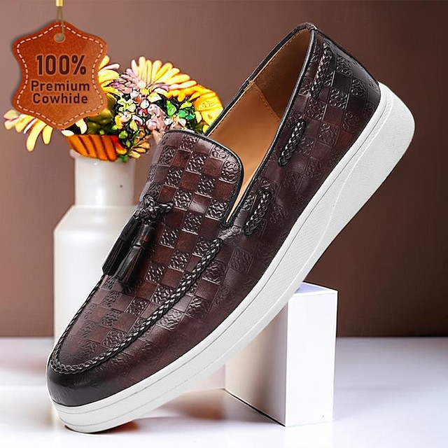 Men's Vintage Brown Leather Tassel Loafers Checkerboard Pattern