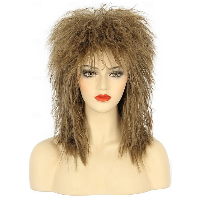  Women Men Long Curly Light Brown Wig 70s 80s Rocker Mullet Costume Wig Carnival Cosplay Party Wig Halloween Wigs